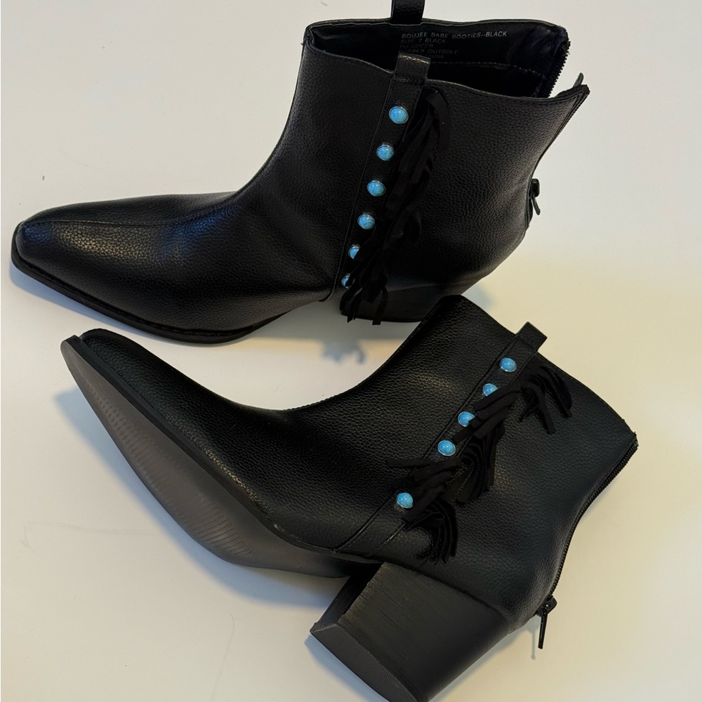 Crazy Train Black Ankle Boots with Turquoise Details